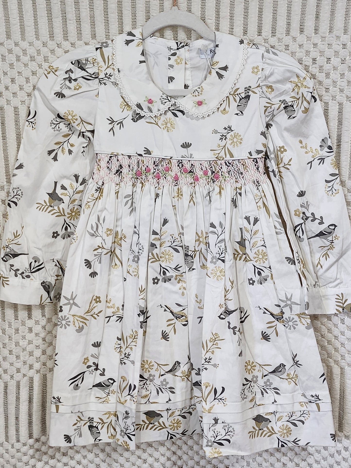 Grey Birds Smocked Dress