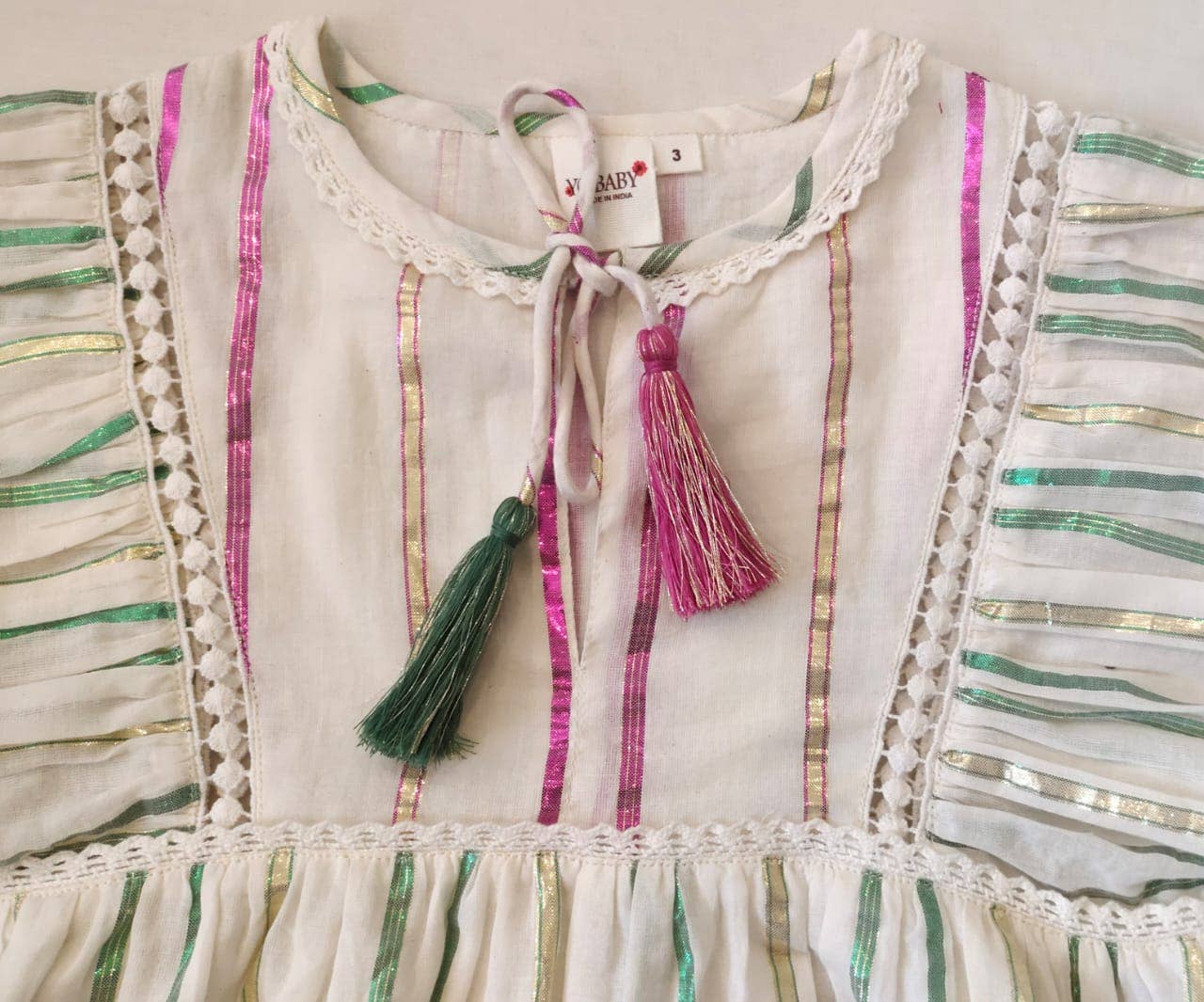 Charming Pink and Green Lurex Striped Dress