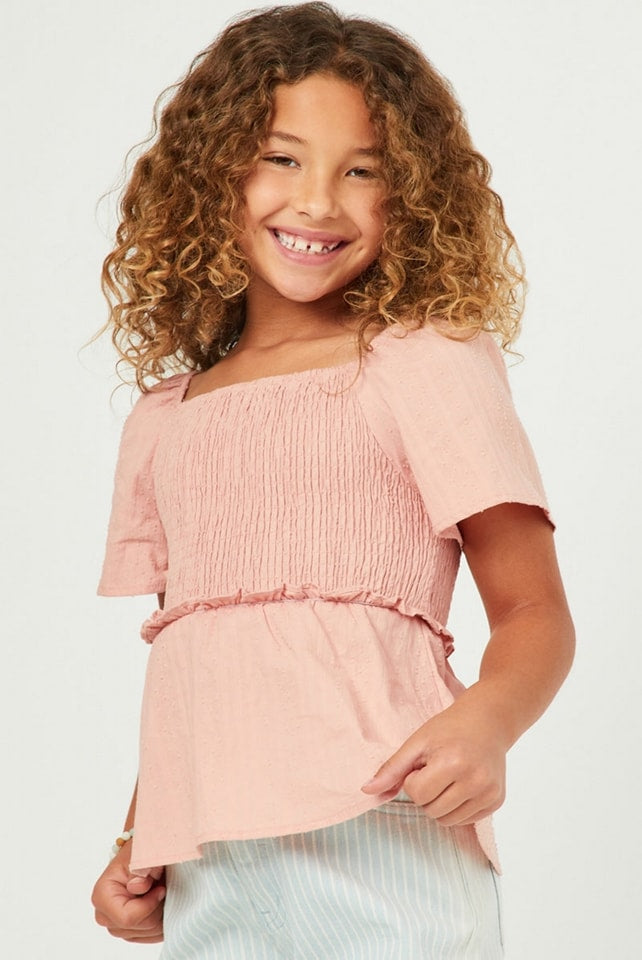 Square Neck Textured Smocked Ruffle Sleeve Top
