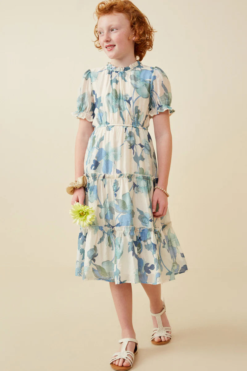 Floral Ruffle Neck Short Sleeve Dress