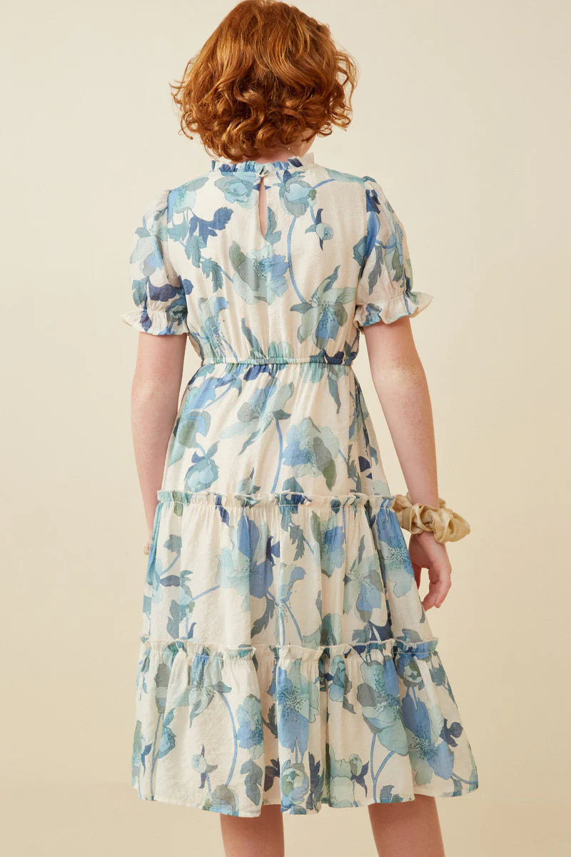 Floral Ruffle Neck Short Sleeve Dress