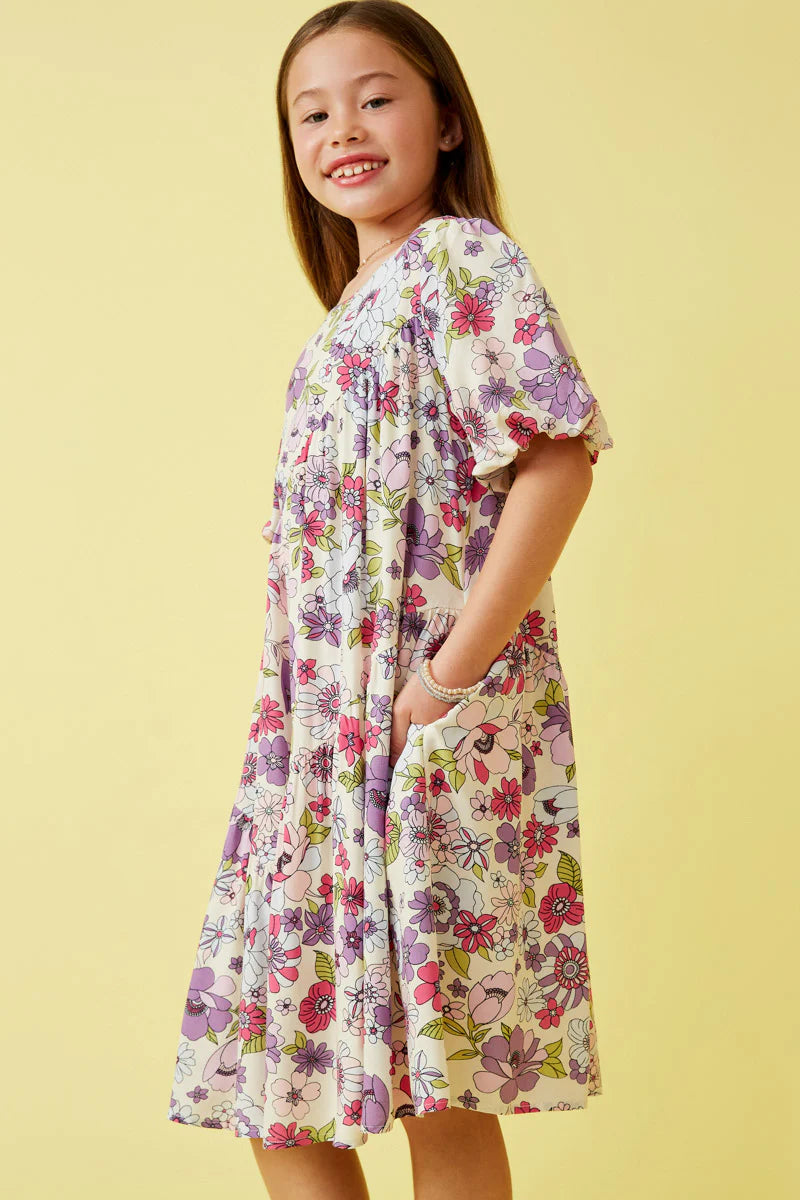 Spring Floral Asymmetric Paneled Puff Sleeve Dress