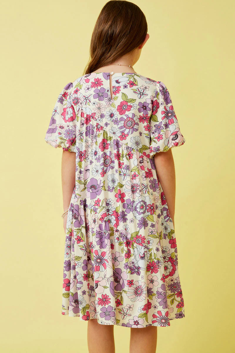 Spring Floral Asymmetric Paneled Puff Sleeve Dress