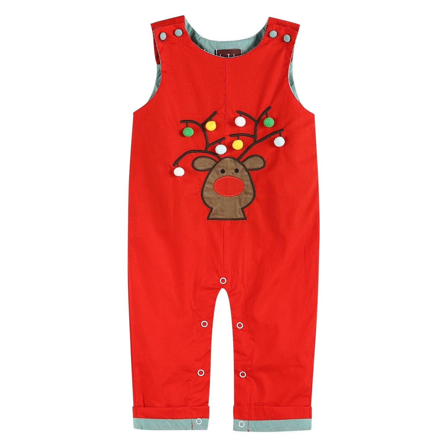 Red Plaid Pom-Pom Reindeer Overalls