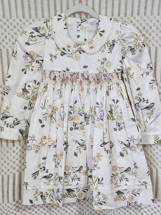 Grey Birds Smocked Dress