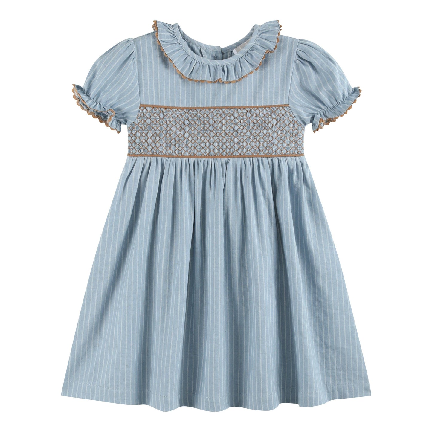 Blue Pinstripe Smocked Ruffle Collar Dress