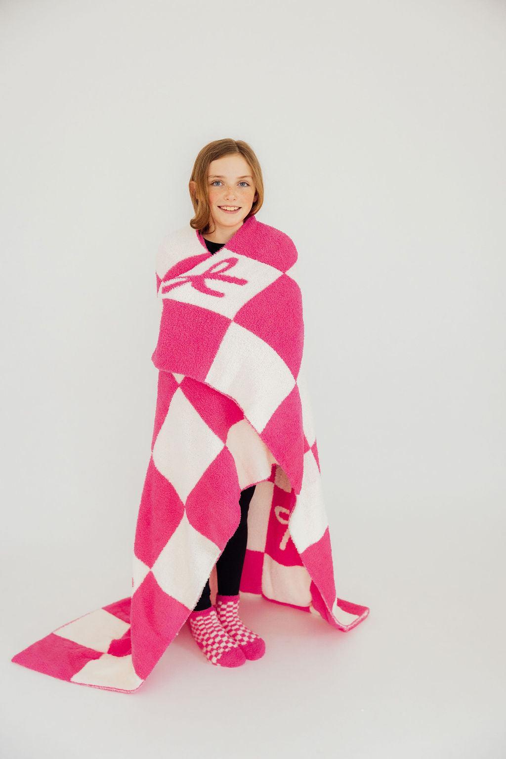 Bright Pink Checker Bow Cozy Blanket