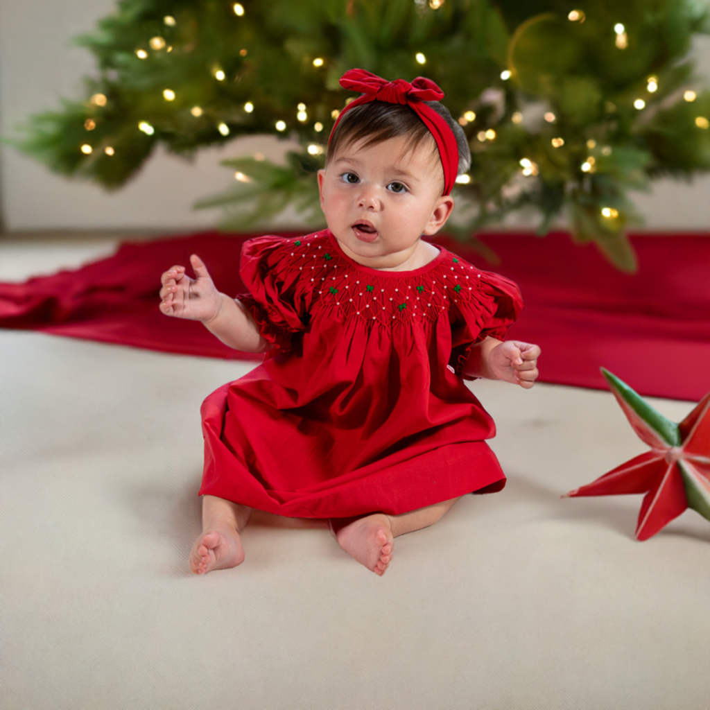 Christmas Red Smocked With Green Bows Bishop Dress
