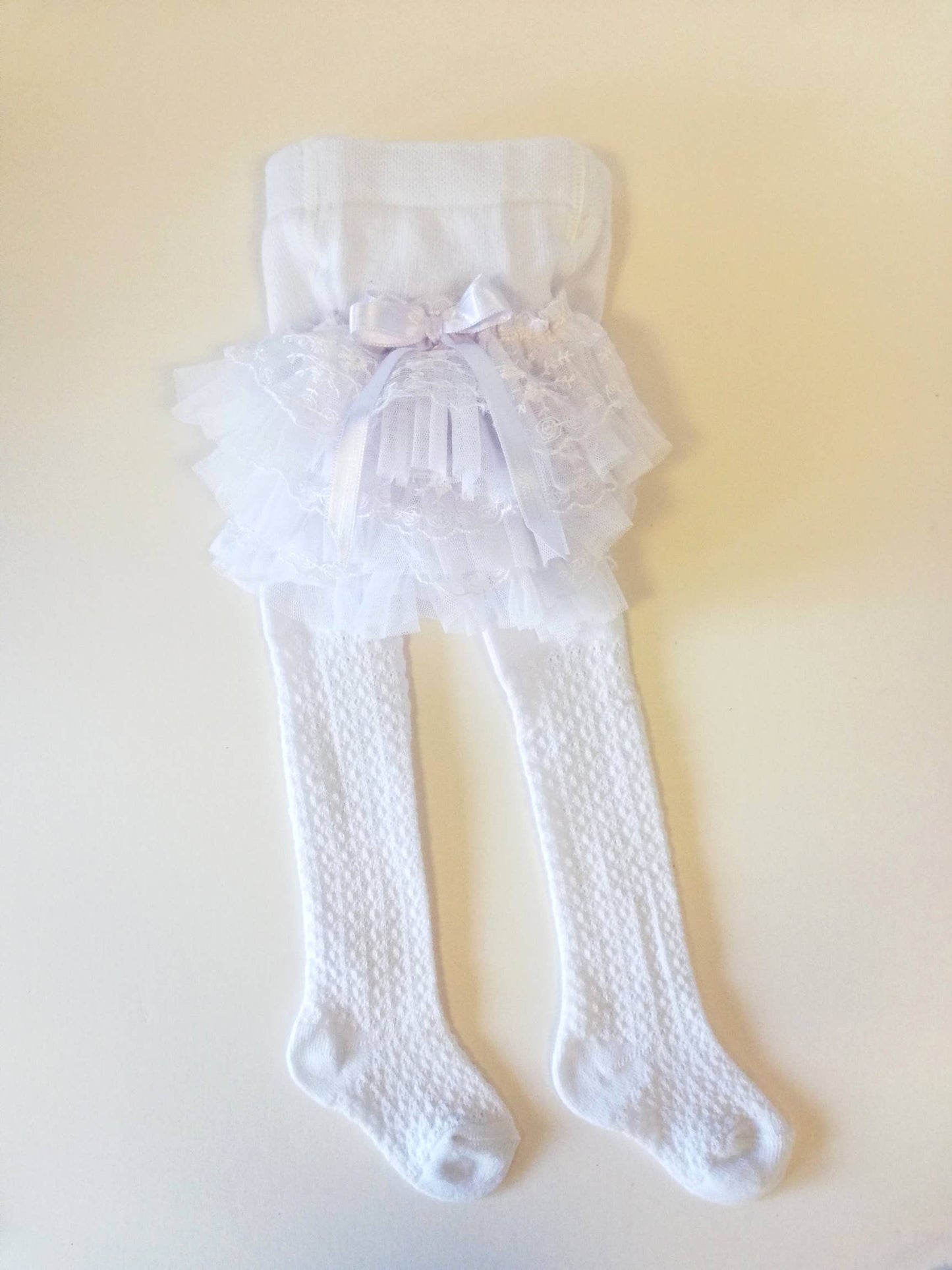 Girls Cotton Ruffle Tights with Lace & Bow