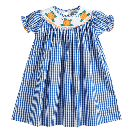 Royal Blue Gingham Pumpkin Smocked Bishop Dress