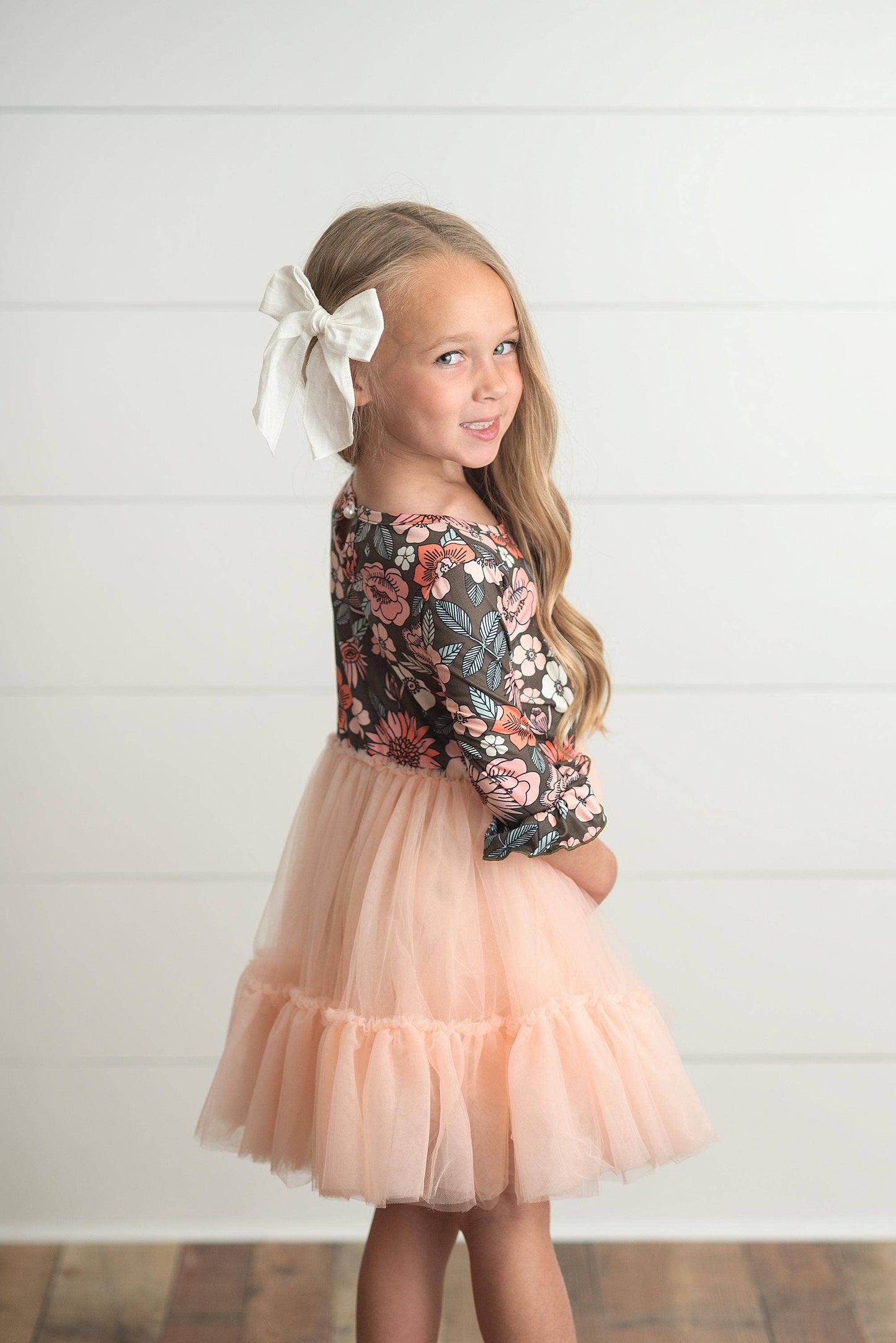 Brown & Peach Vintage Floral Tulle Fall Dress