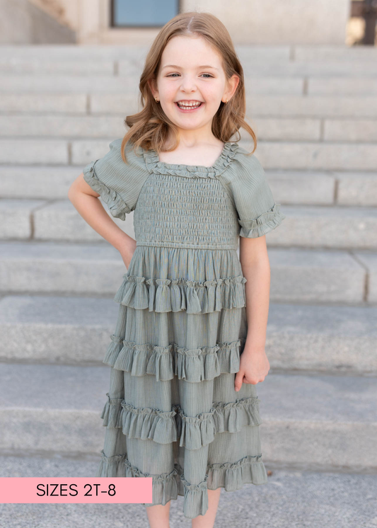 Korin Sage Ruffle Tiered Little Girl Dress (2T-8Y)