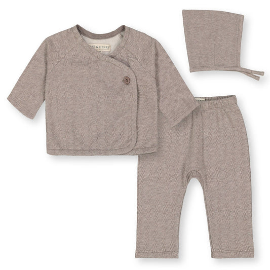 Herringbone Fleece Kimono Top, Legging, and Bonnet Set