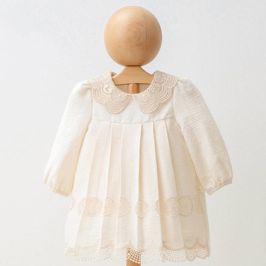Girl Linen Embossed Crinkle Fabric Lace Collar Dress