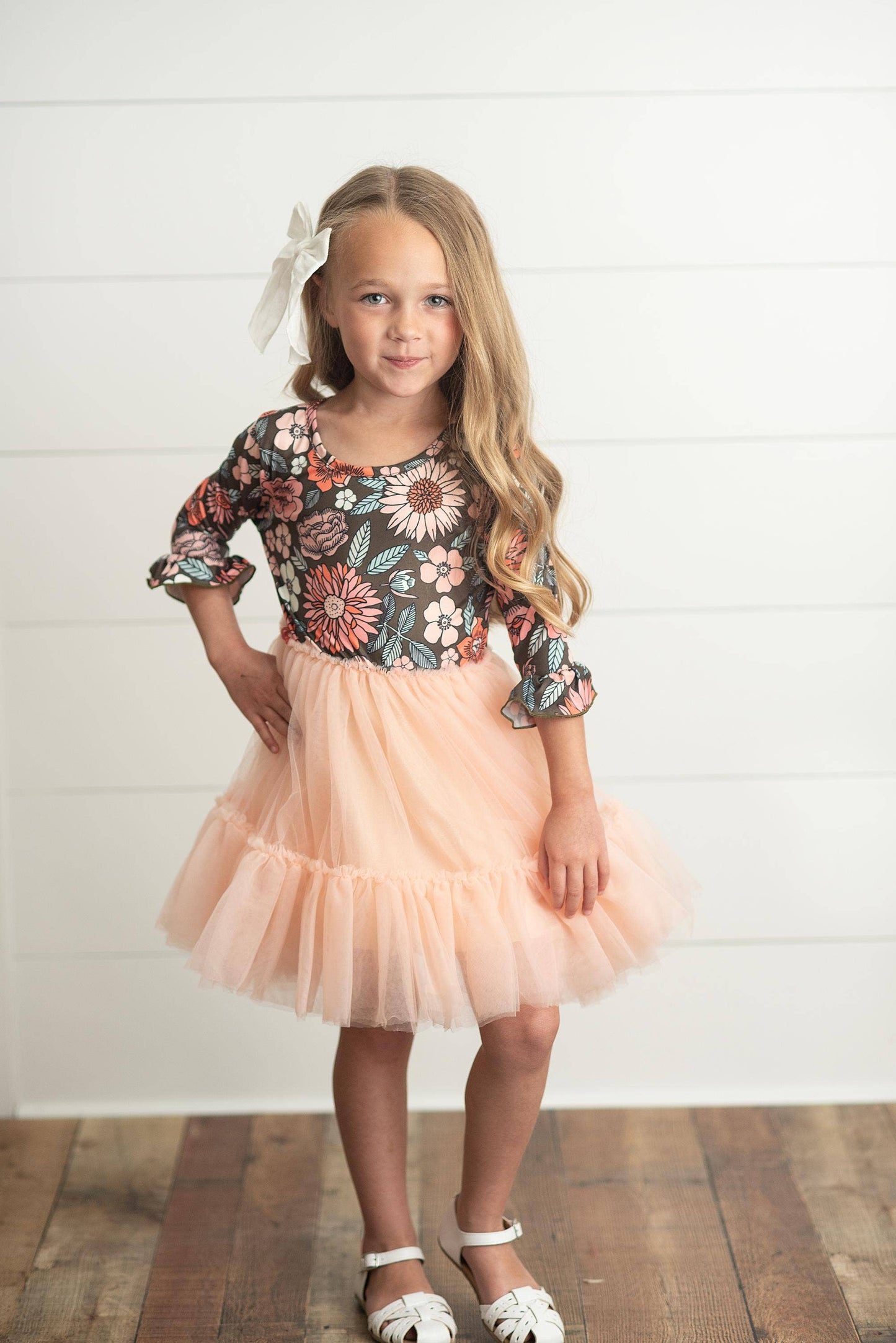 Brown & Peach Vintage Floral Tulle Fall Dress