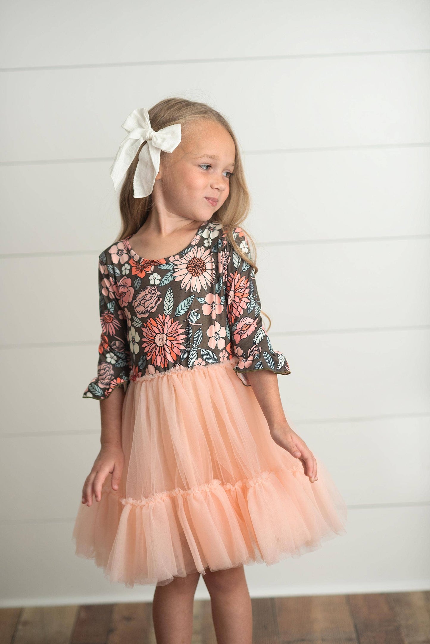 Brown & Peach Vintage Floral Tulle Fall Dress