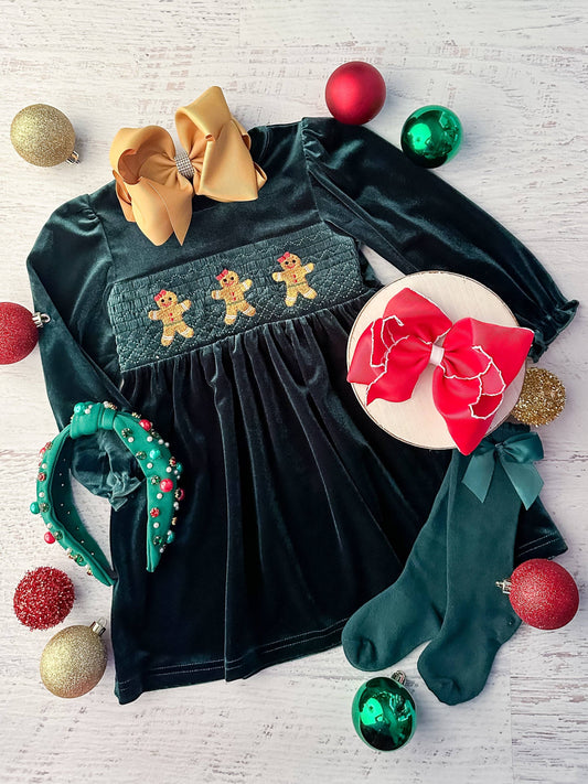 Gingerbread Men Trio Green Velvet Dress