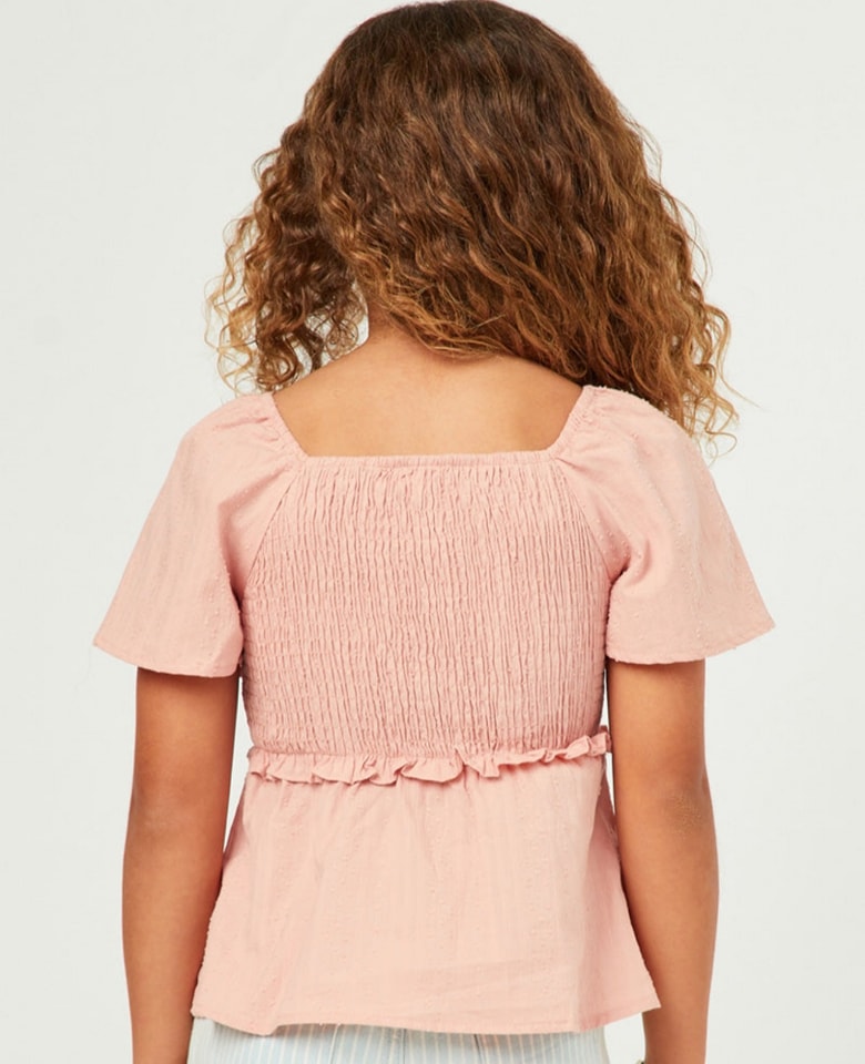 Square Neck Textured Smocked Ruffle Sleeve Top