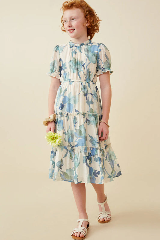 Floral Ruffle Neck Short Sleeve Dress