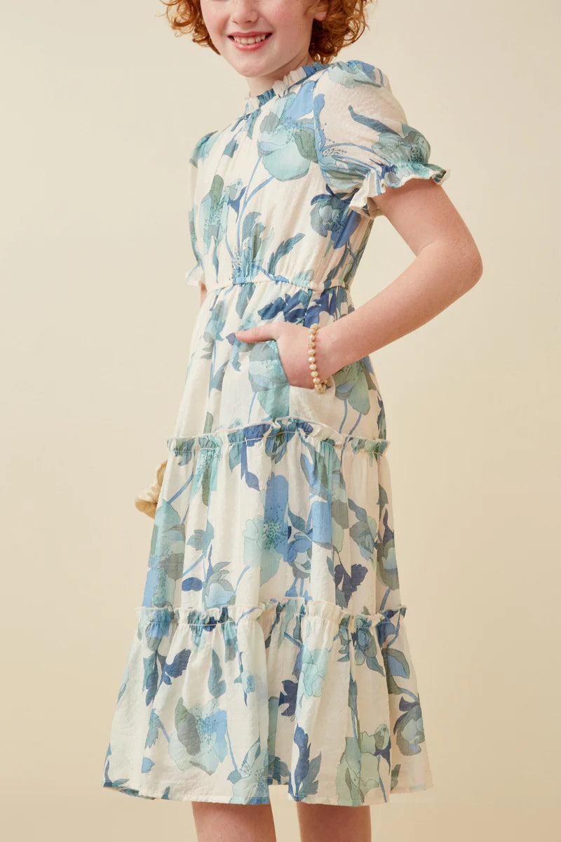 Floral Ruffle Neck Short Sleeve Dress