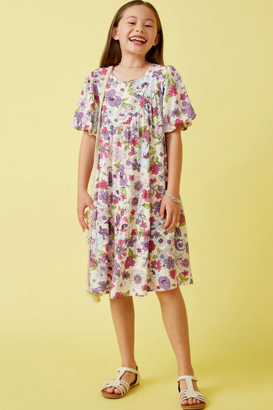 Spring Floral Asymmetric Paneled Puff Sleeve Dress