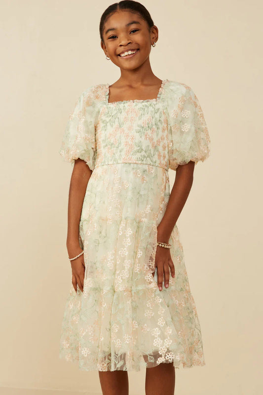 Smocked Floral Mesh Lace Tiered Dress