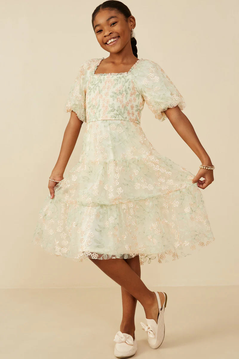 Smocked Floral Mesh Lace Tiered Dress