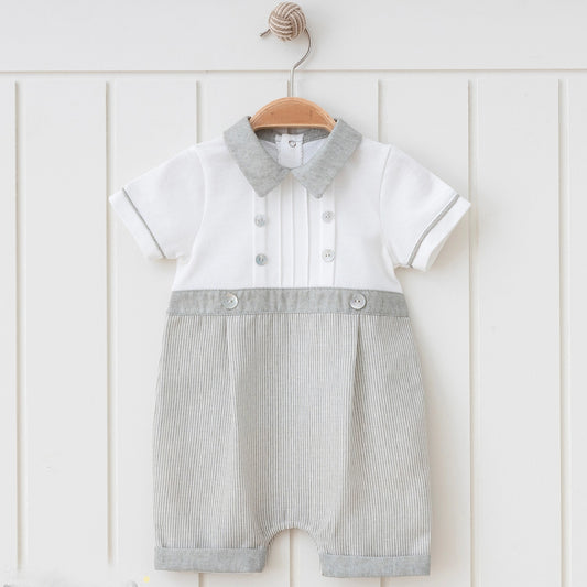 Cotton and Linen Elegant Style Boy Striped Natural Romper