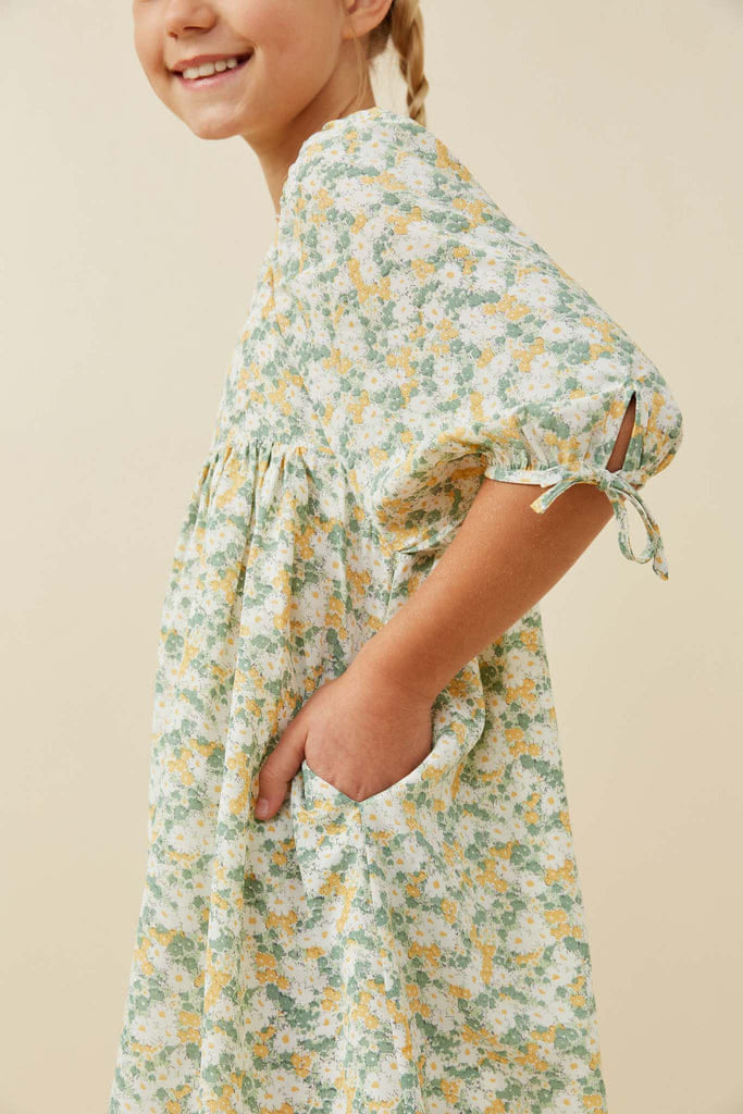 Sage Floral Print Square Neck Puff Sleeve Midi Dress