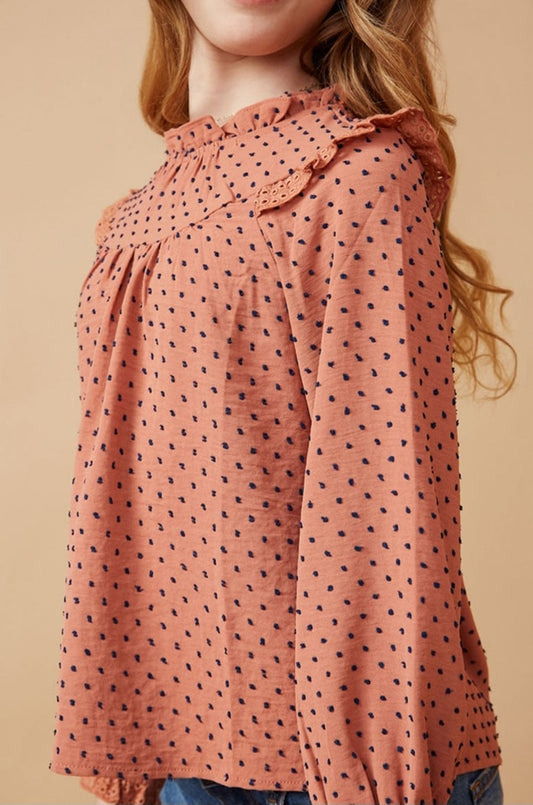 Lace Ruffle Detail Swiss Dot Blouse