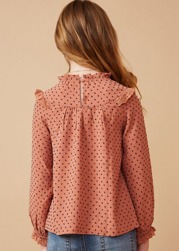 Lace Ruffle Detail Swiss Dot Blouse