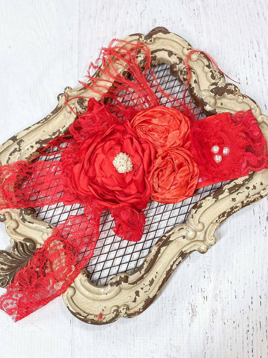 Red Flowers & Lace Bow Headband