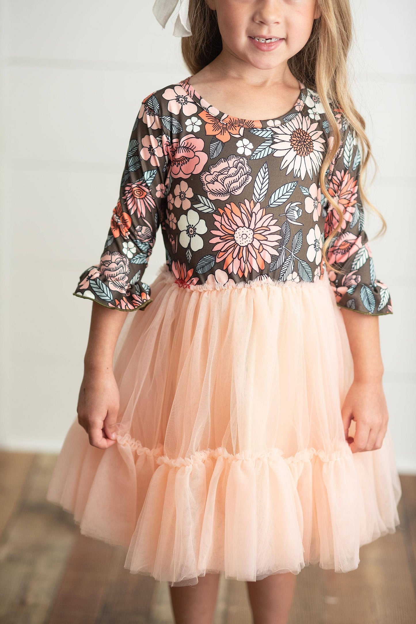 Brown & Peach Vintage Floral Tulle Fall Dress