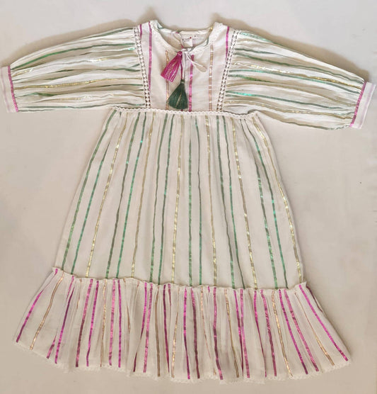 Charming Pink and Green Lurex Striped Dress