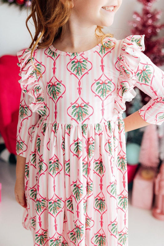 Merry Mistletoe 3/4 Sleeve Ruffle Twirl Dress
