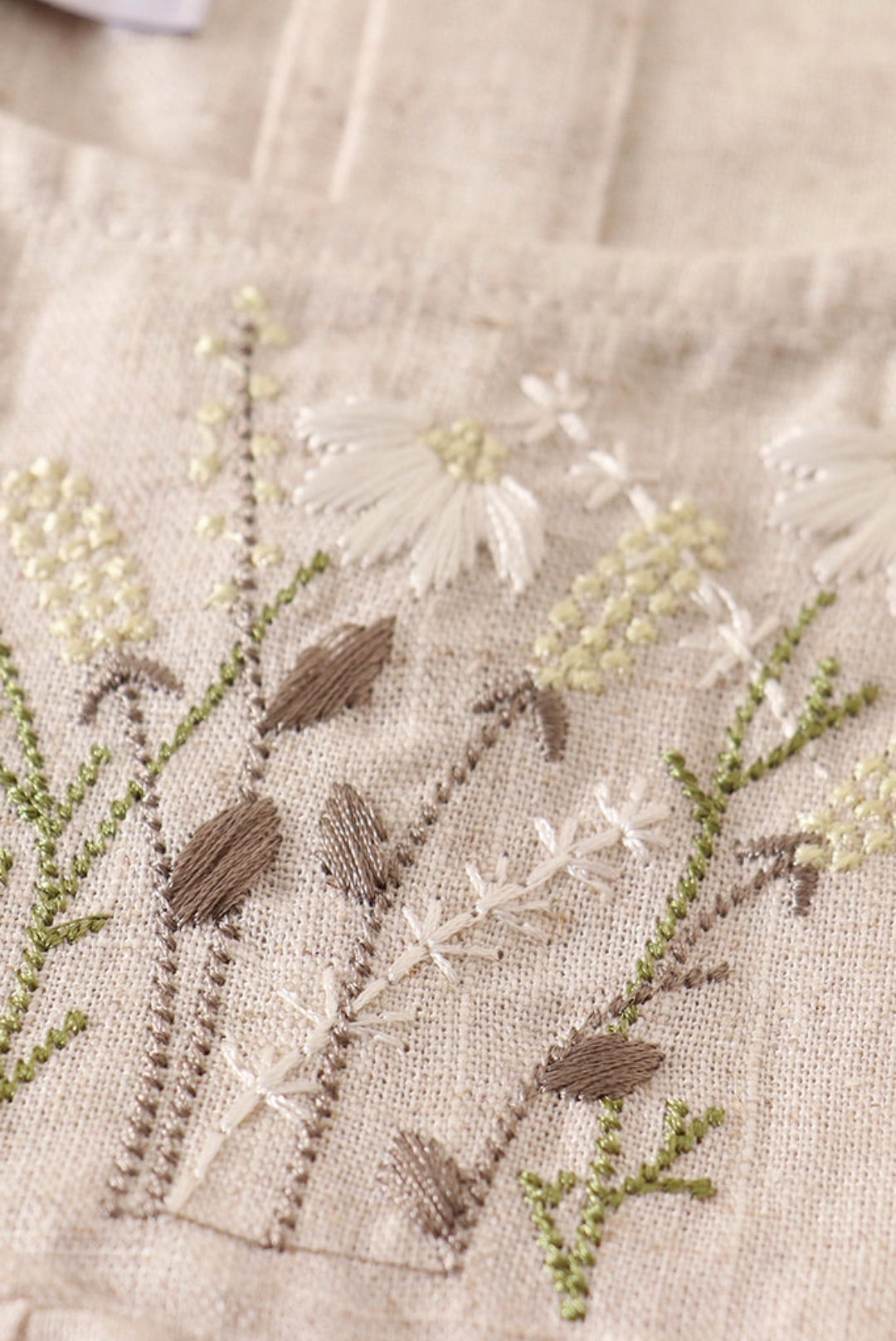 Beige Daisy Embroidery Linen Dress