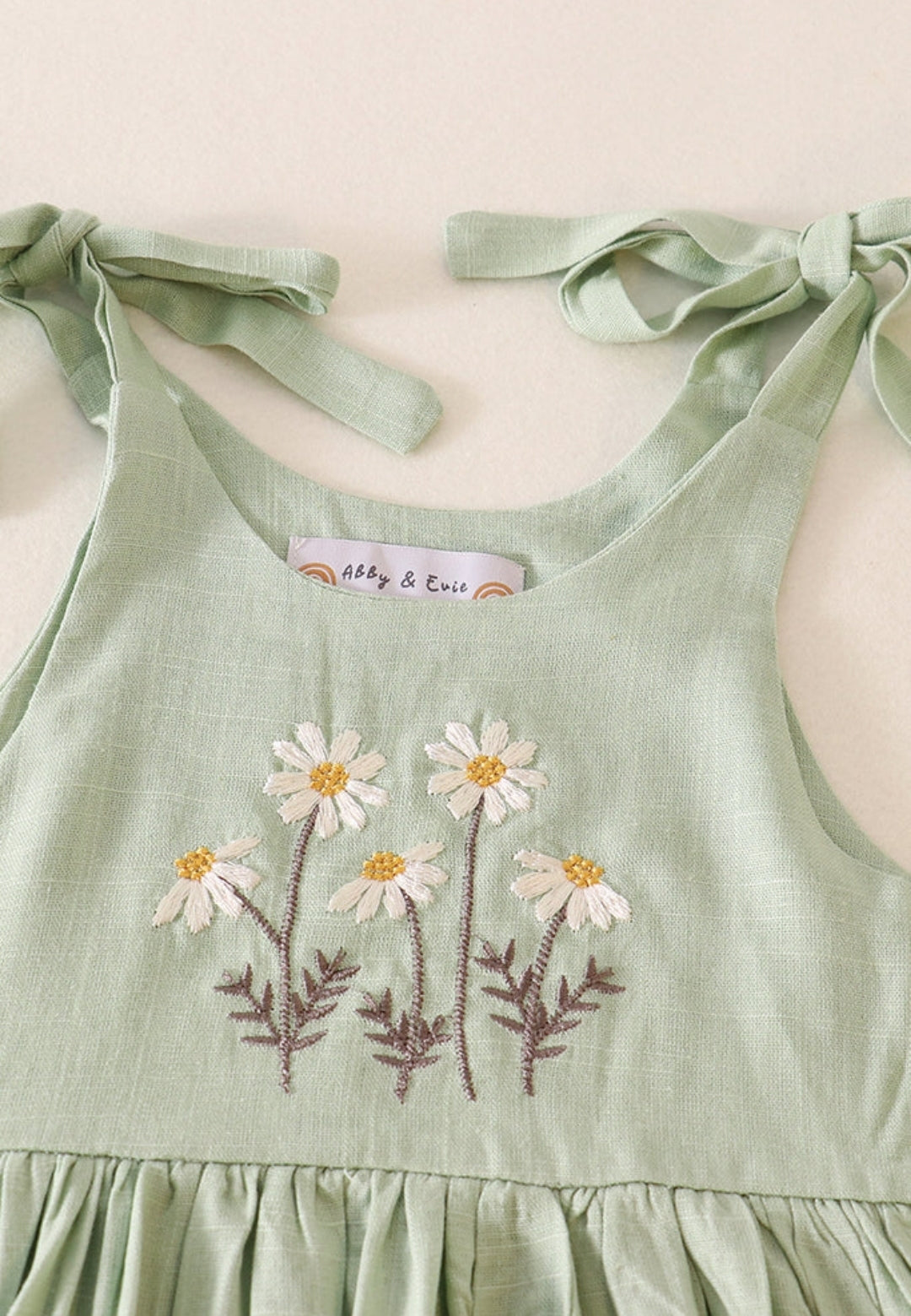 Sage Floral Embroidery Linen Dress