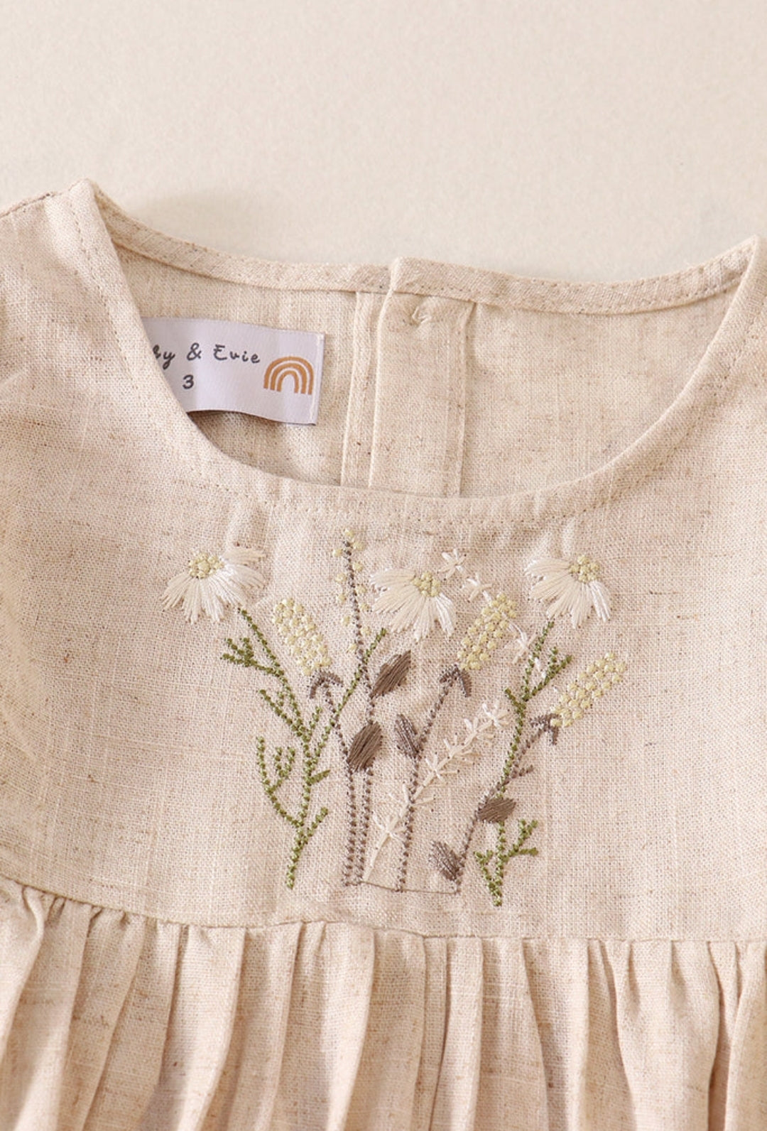 Beige Daisy Embroidery Linen Dress