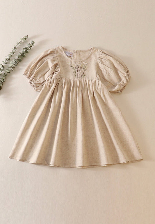 Beige Daisy Embroidery Linen Dress